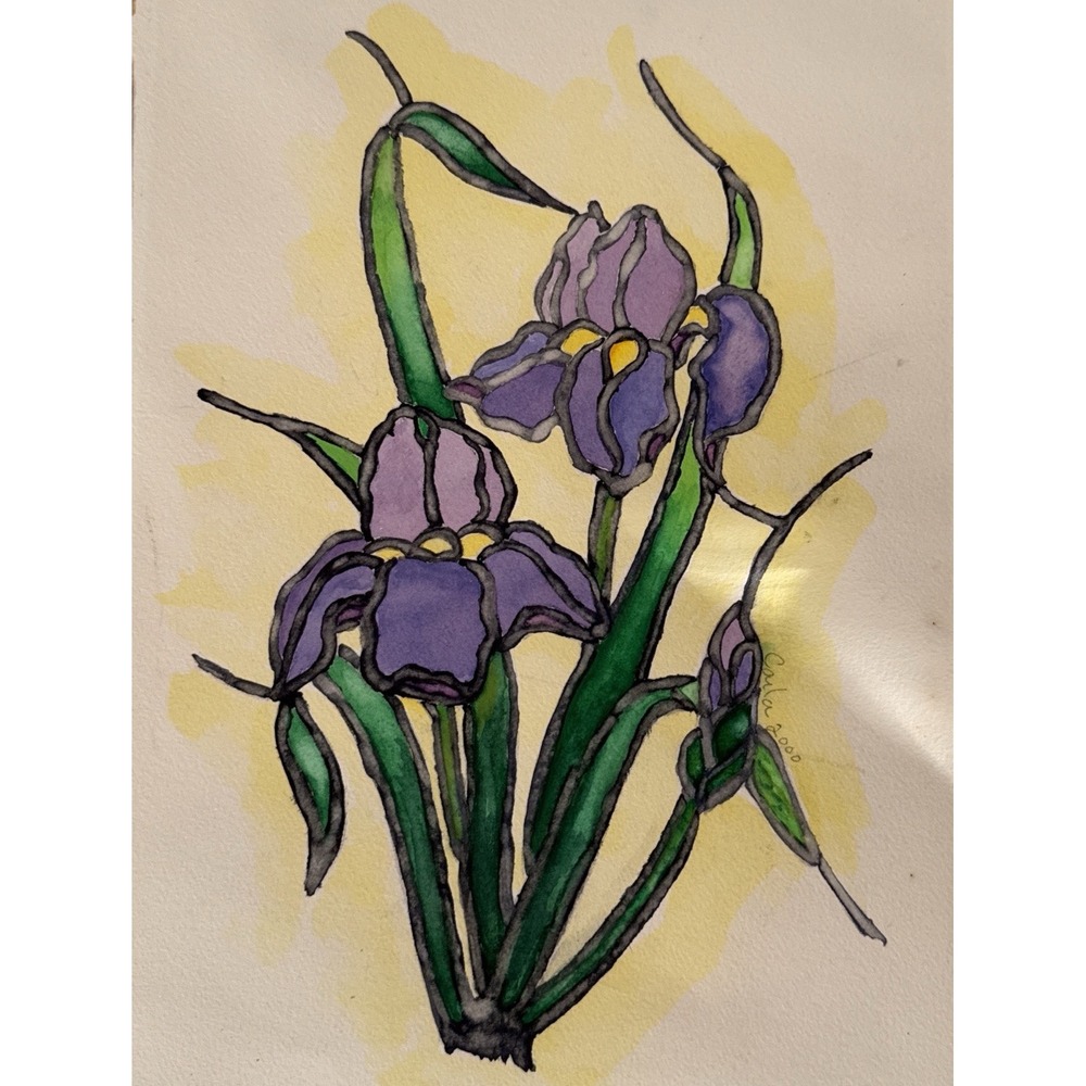 Original Watercolor Painting Purple Flowers-Signed-Vintage